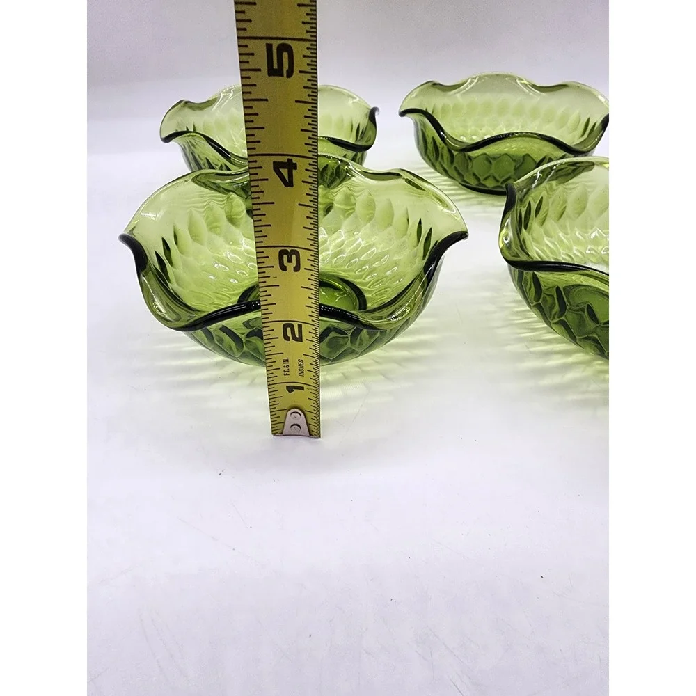 Vintage Avocado Green Indiana Glass Bowls Set of 4 Thumbprint Ruffled Rim MCM